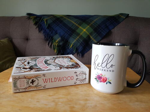 A book and mug on a table
