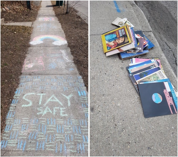 Supportive sidewalk chalk messages, a pile of records