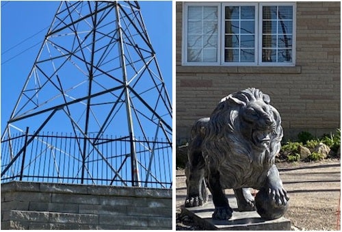 A hydro tower, a stone lion