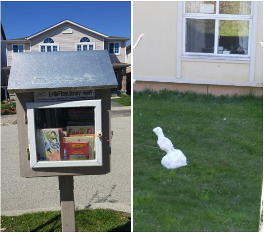 A Little Free Library, a melting snowman