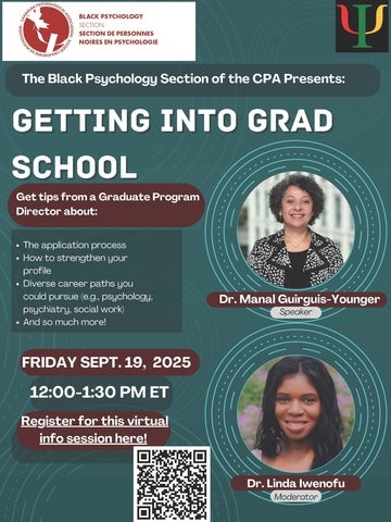 Poster for getting into grad school information session hosted by the black psychology session of the CPA
