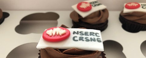 Chocolate cupcakes decorated with the NSERC logo.