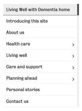 Living well with dementia website side navigation