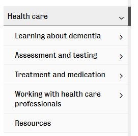 Living well with dementia website side navigation expanded menu