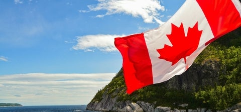 Canada flag on a backgroud of a lake and a mountain