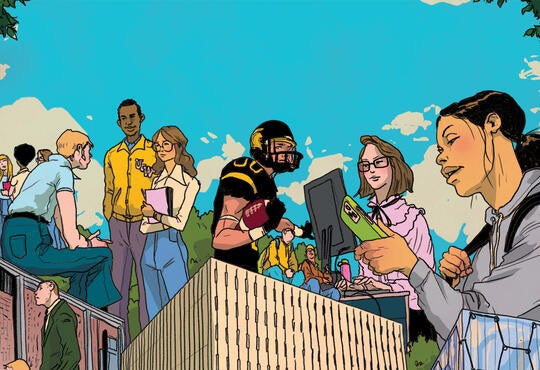 An illustration of people on the University of Waterloo campus