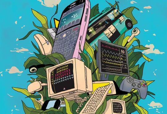 Illustration of technology such as cellphones and computers growing from leaves