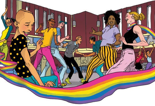 A colourful illustration of GLOW members dancing