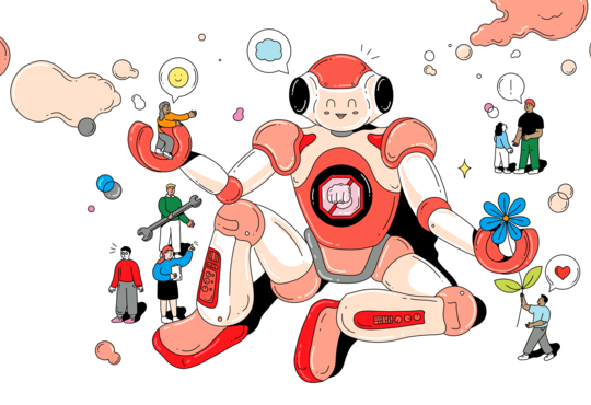 Illustration of a robot and people