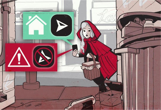 illustration of little red riding hood walking down a urban alley