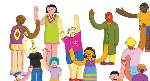 Illustration of people raising hands