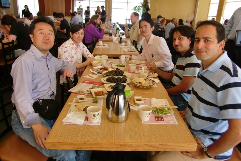 Members of Maglev Microrobotics 2010 having sushi