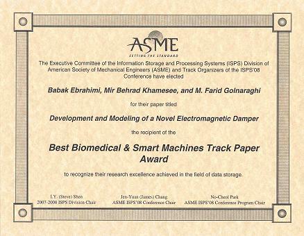 Certificate illustrating Behrad's award for winning the Best Paper 