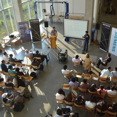 Aerial view of the presentations in the Student Design Centre (Engineering 5)