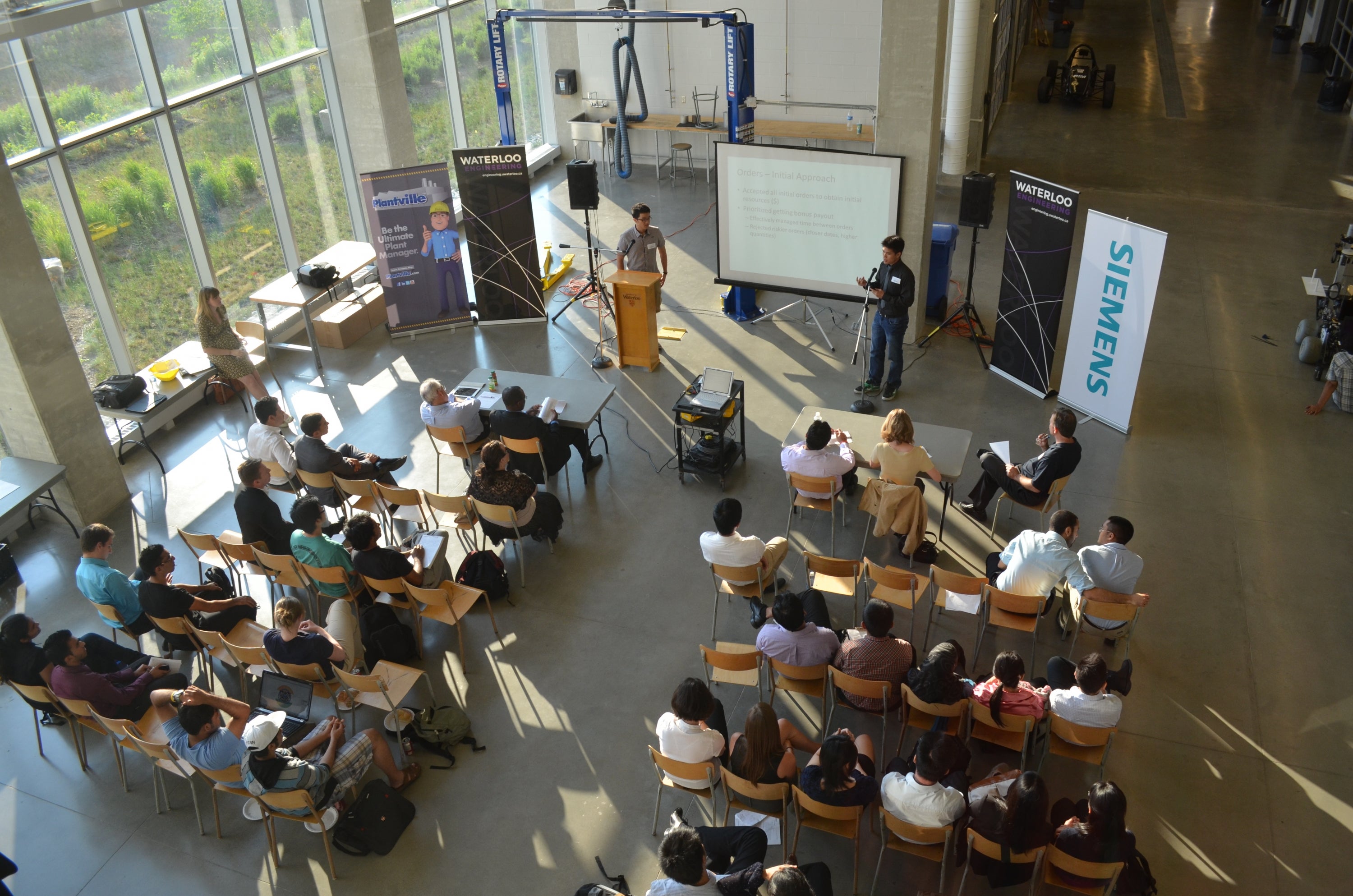 Aerial view of the presentations in the Student Design Centre (Engineering 5)