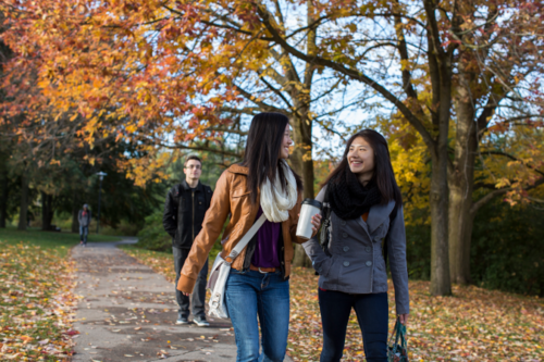 three students walking through a wooded area directing to the Future Students page