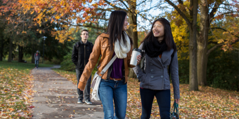 Three students walking through a wooded area