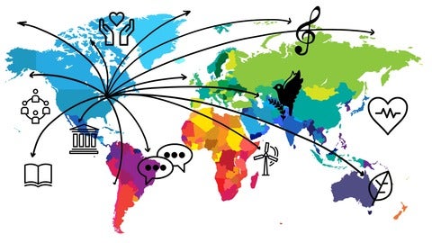 world map showing arrows coming out of Ontario representing opportunities for learning/teaching