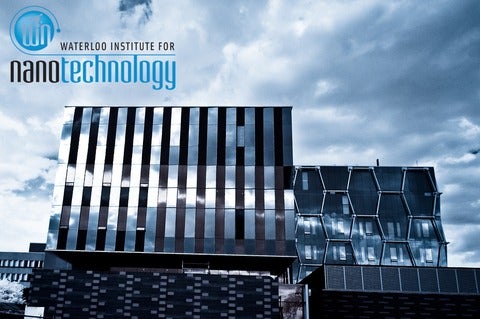 Image of Waterloo Institute of Nanotechnology (logo) set on background image of the Waterloo Quantum-Nano Center (QNC)