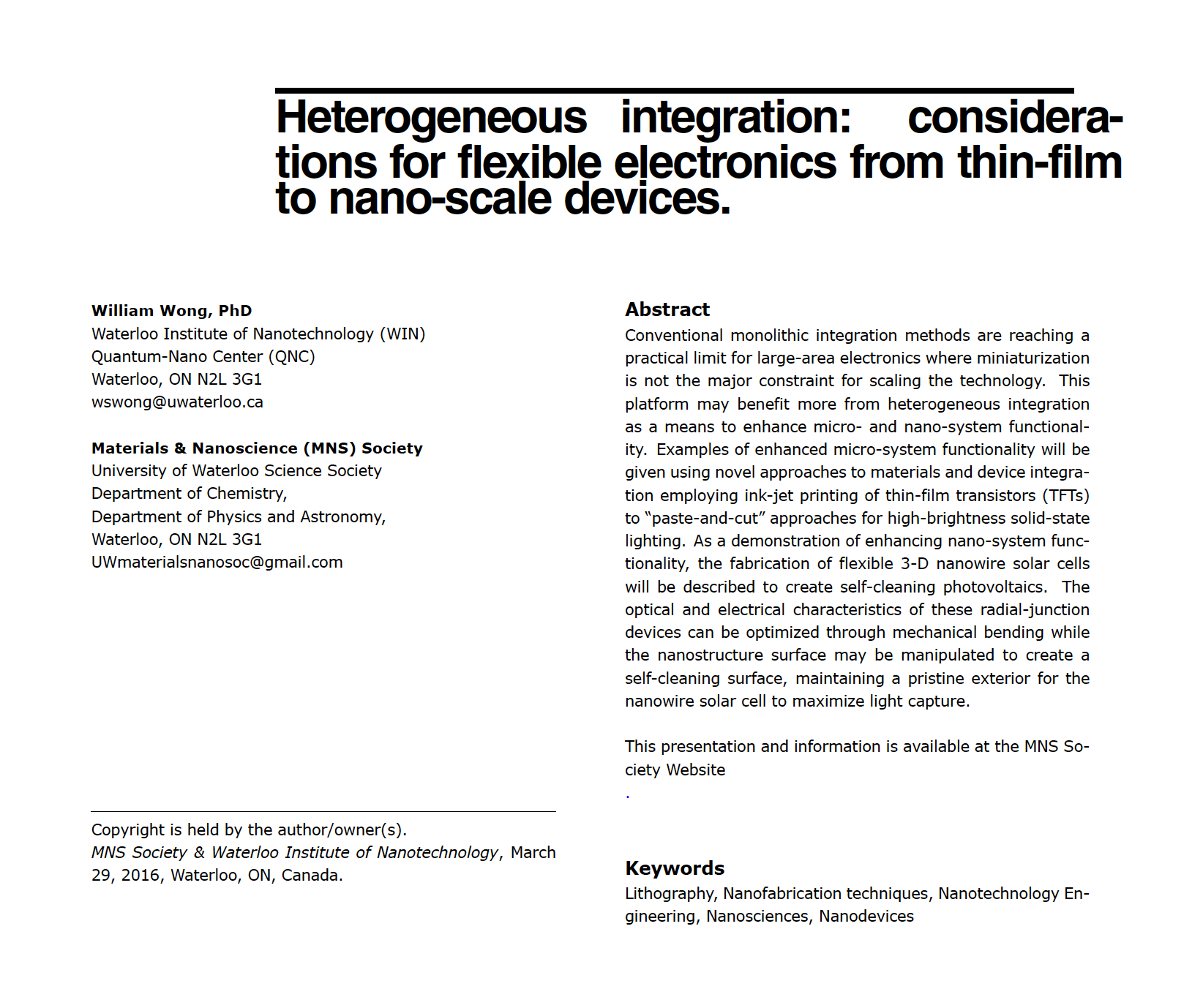 William Wong Nanofabrication and Devices abstract