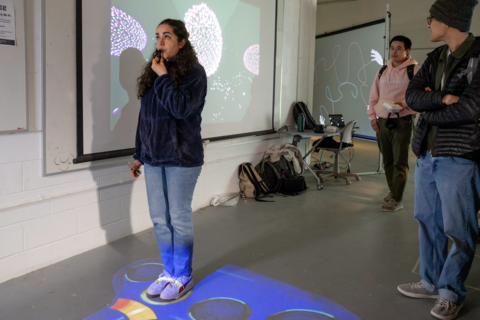 Person standing on a projected blue ocarina on the floor with projections in the back