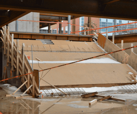 two pictures of the gradient gallery, an event space, in its current state of the construction and when finished.