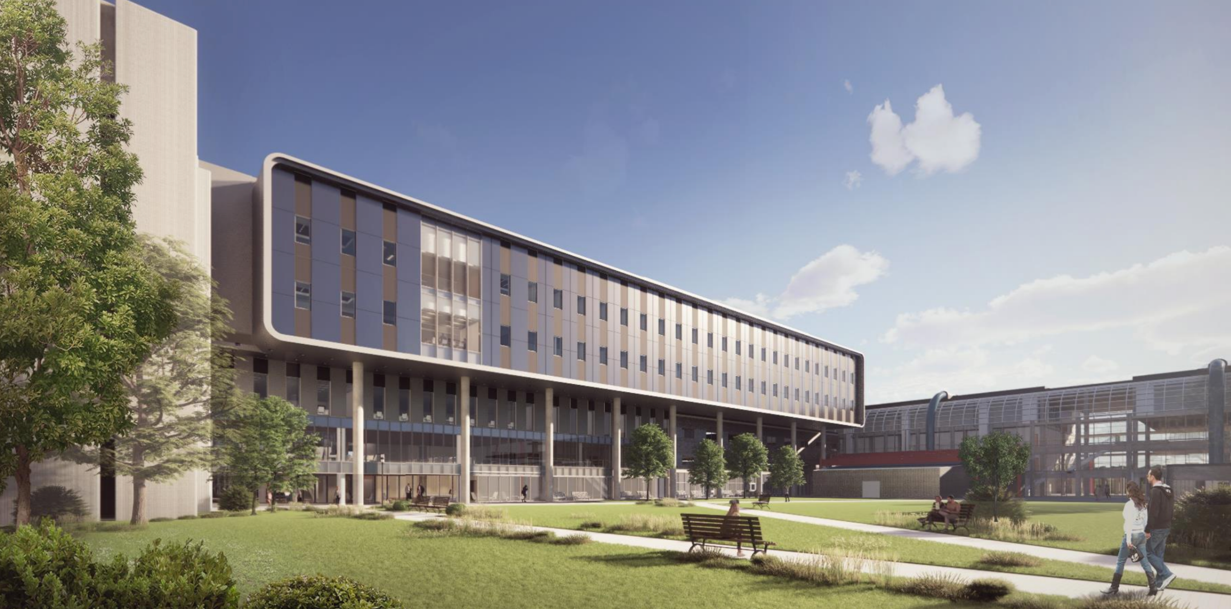 A rendering of the new M4 building, primarily composed of glass with a green grass blue sky background