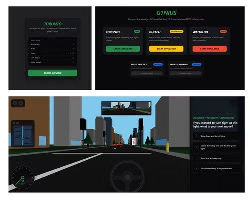Virtual steering wheel and road with image collage of choosing toronto, guelph, waterloo roads above it
