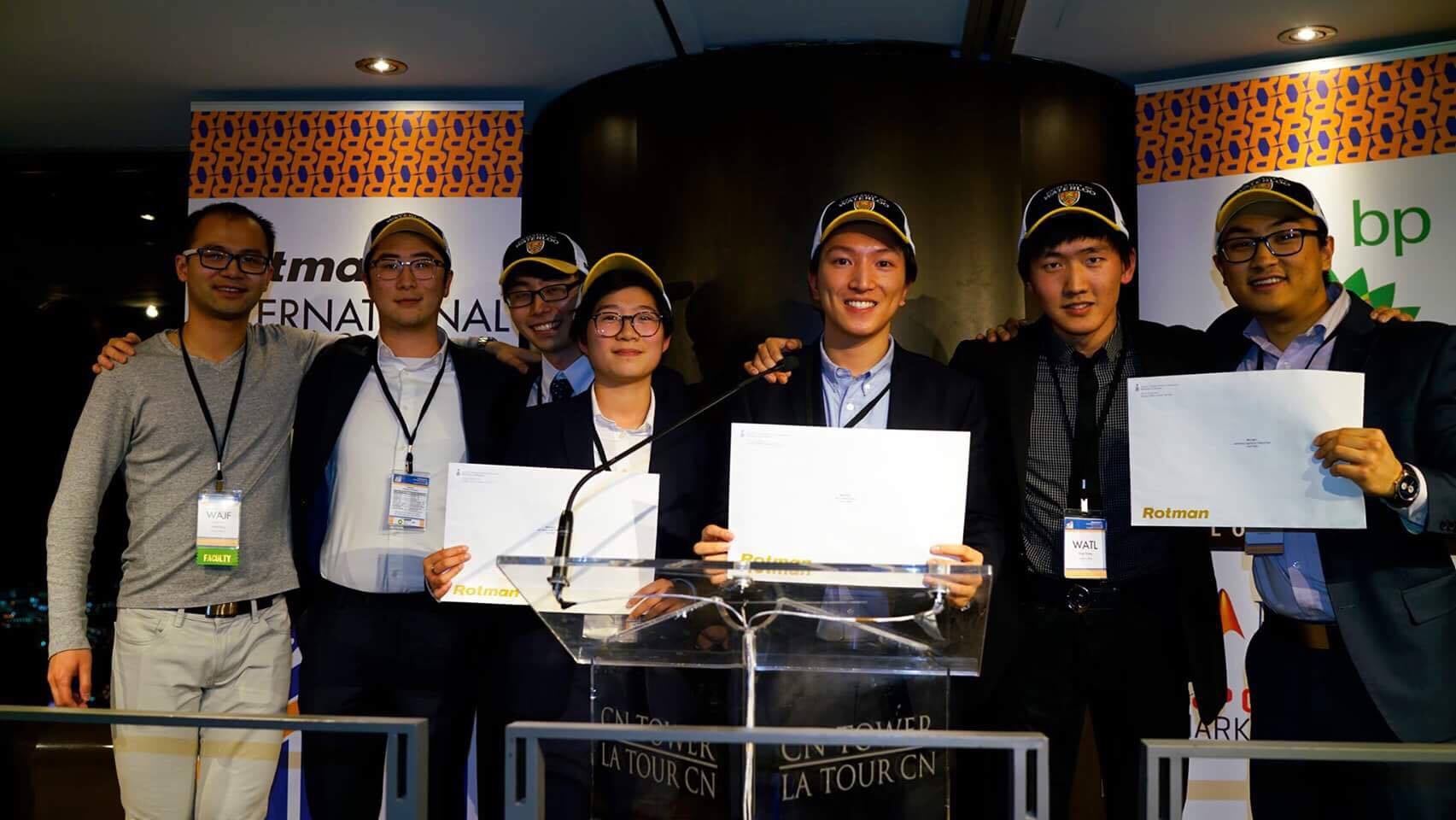 University of Waterloo Rotman Intermational Trading Competition team - from left to right in this photo are Jimmy Fang (team coach), Boyang Li, Jing Tang, Jessie Guo, Hanson Li, Alex Wang and Charles Zhao