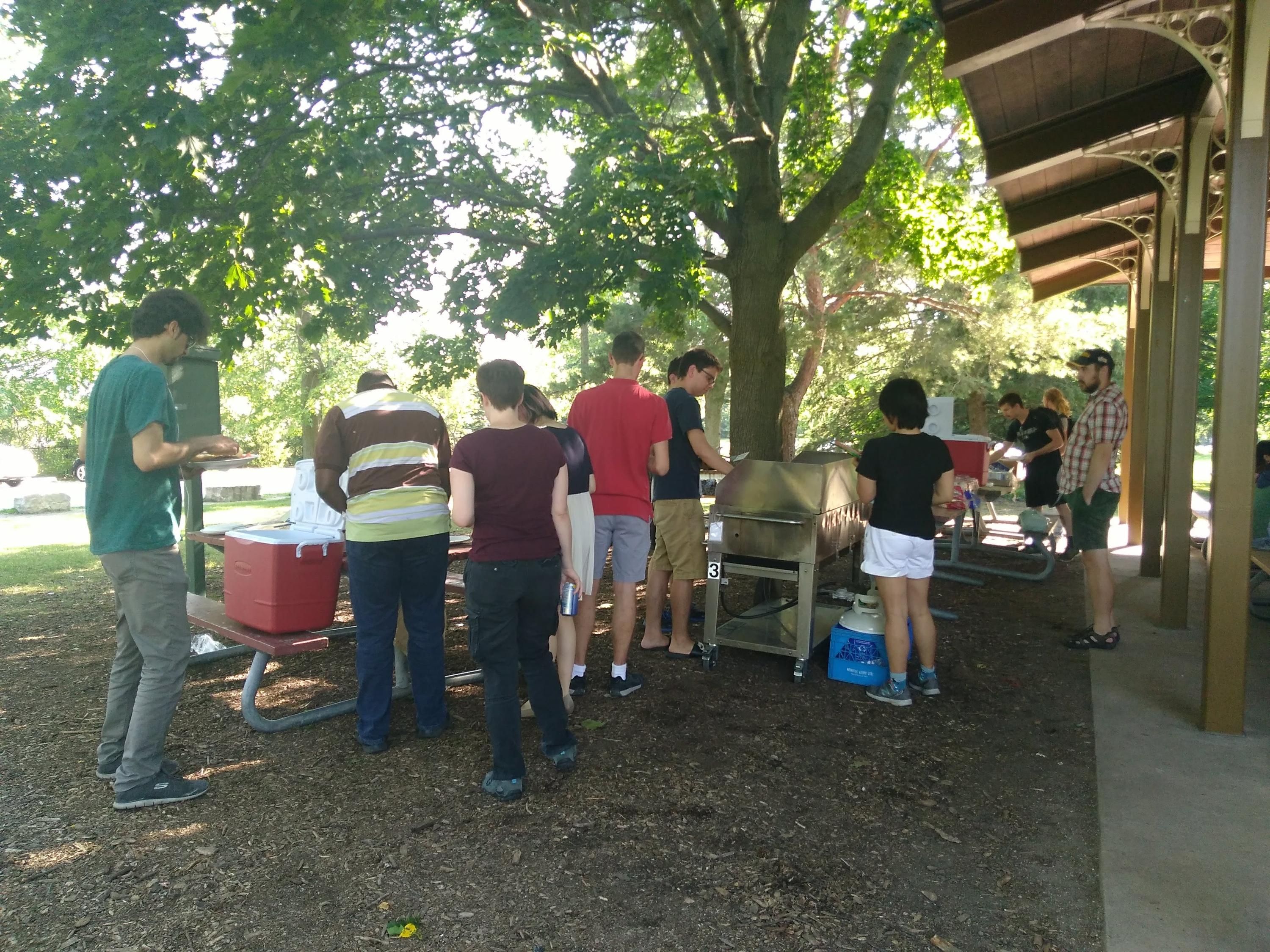 Students lining up for a barbecue
