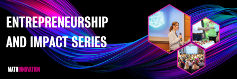 abstract background image with pink, purple, and bluish tones with pictures of a female speaker, a crowd, and people shaking hands. Titled: Entrepreneurship Speaker Series