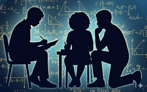 Silhoutte of three students studying with math equations floatin in the background
