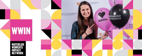 pink, gold, black and white mosaic pattern with a picture of an adult female holding pink and black balloons