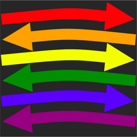 A series of curved horizontal lines stacked verticallyon top of each other. Each line has an arrow on one end pointing either left of right, with the direction the arrow pointing alternating with each stacked line. The lines and arrows change colours from top to bottom, moving from red, to orange, to yellow, to green, to blue, and ending with purple.