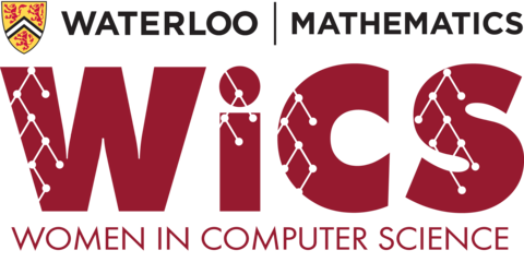 The logo of Women in Computer Science at Waterloo Mathematics. It says the acronym WiCS in red text, with white patterns resembling a tree data structure.