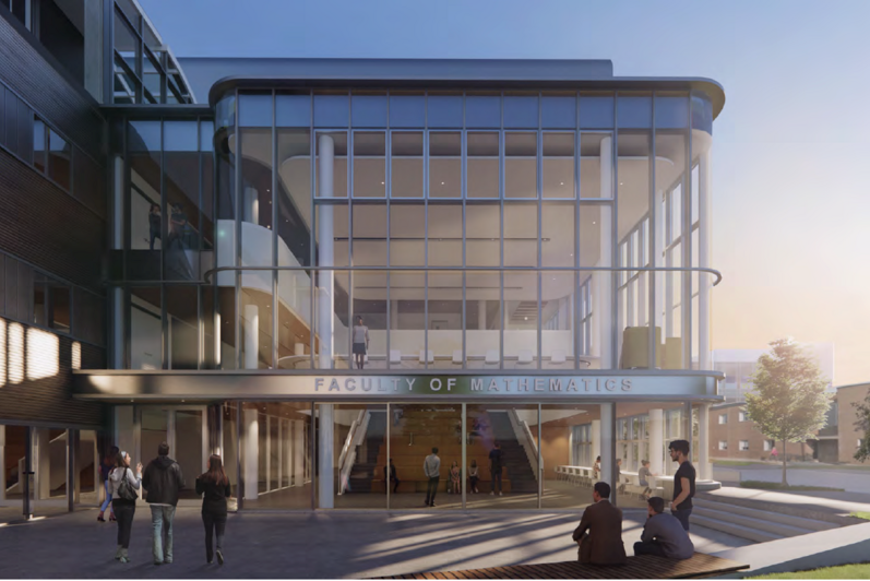 Rendering of a windowed building exterior with people walking into the entrance labelled Faculty of Mathematics