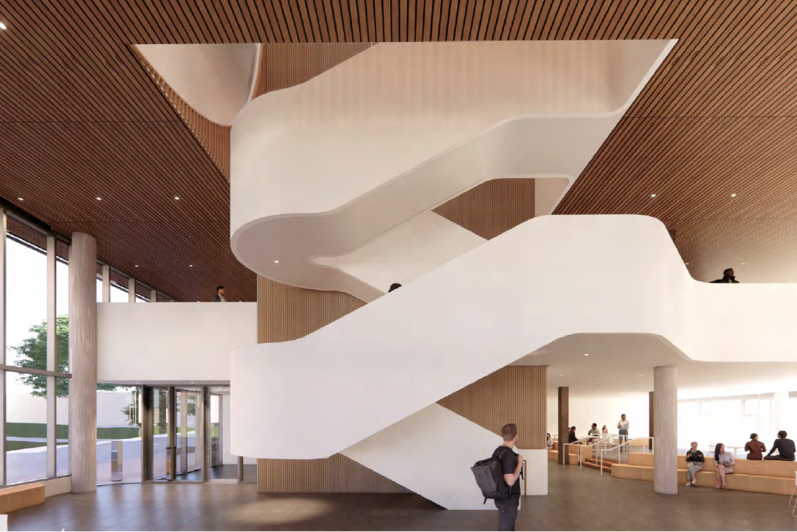 Rendering of a person looking up at a white staircase in an open concept lobby with wooden slat roof