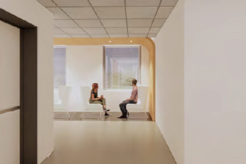 Rendering of two people meeting in a small enclave of a white hallway