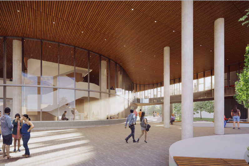 Rendering of people gathered by the exterior of building with a windowed wall, covered concrete walkway with wooden slat roof, 