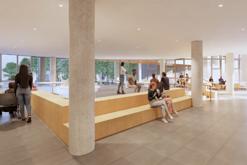 Rendering of people in groups in a white roofed lobby with grey floors and concrete pillars