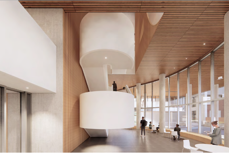 Rendering of a sunny lobby featuring a windowed wall, white staircase, concrete pillars and wooden slat roof