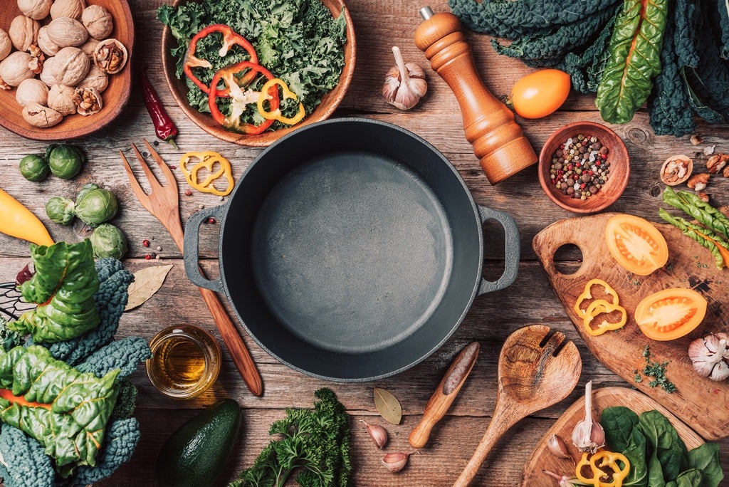 Image of a skillet surrounded by vegetables