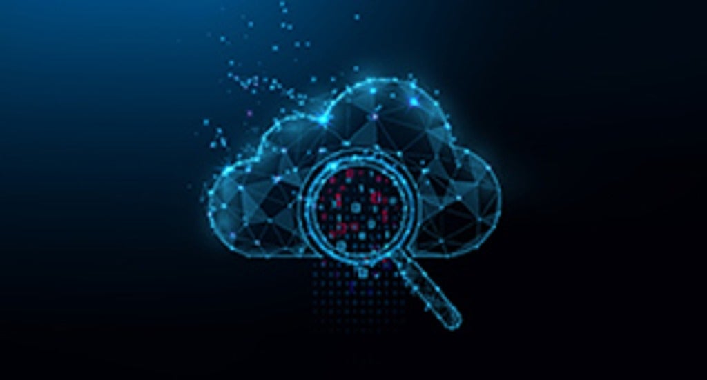 An illustration of a magnifying glass over a cloud showing binary code