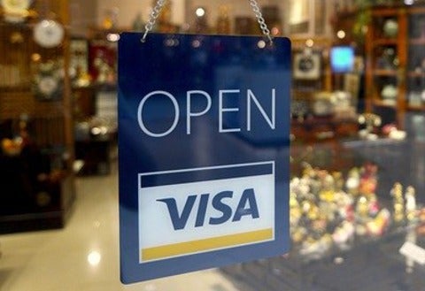 Store front with a VISA n Open sign