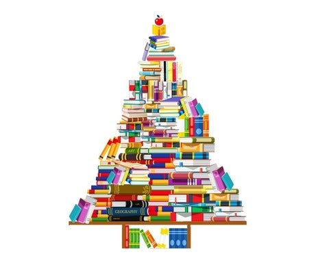 Image of a Christmas tree made out of books