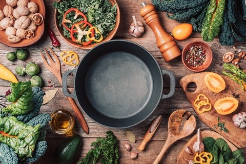 Image of a skillet surrounded by vegetables
