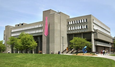 Math and computer science building with pink tie