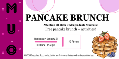 Cartoon image of pancakes with text that reads "Pancake Brunch. Attention all math undergraduate students! Free pancake brunch and activities. Wednesday January 31, 10:30am to 12:30pm in the M3 Atrium. WatCard required. Food and activities are first come first served, while quantities last."