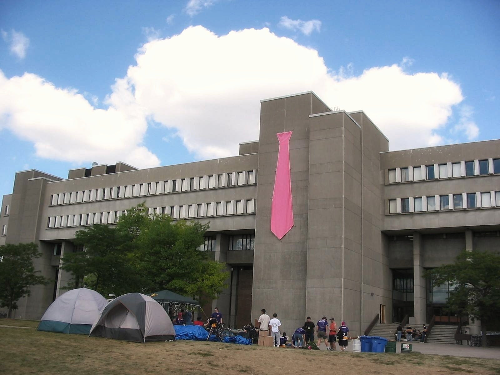 Math and Computer building with pink tie draped on the side