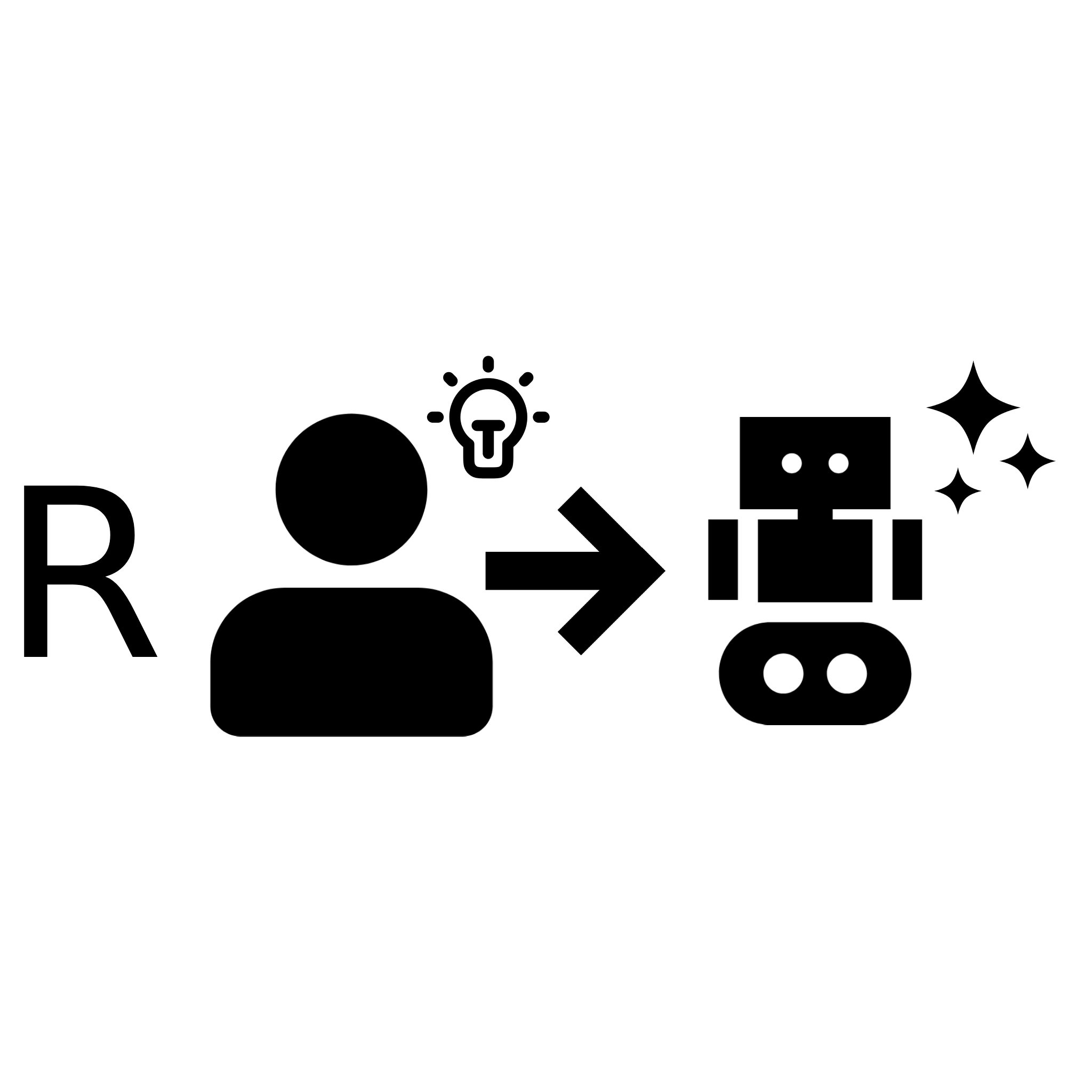 The letter R, an icon of a person with a lightbulb next to its head, and arrow pointing from this to an icon of a robot with a sparkle next to its head